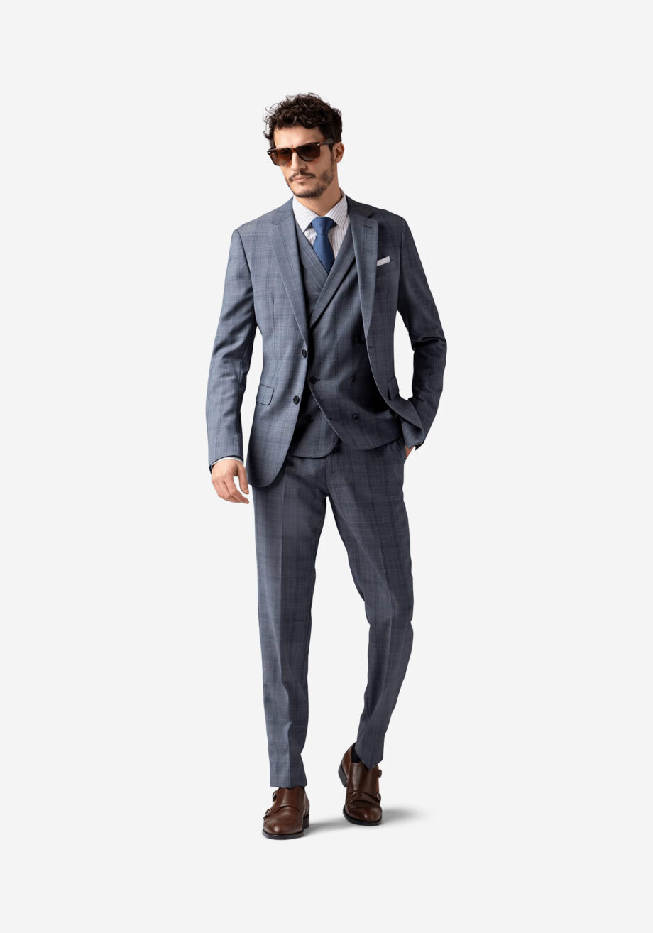 Blue Grey Three Pieces Suit