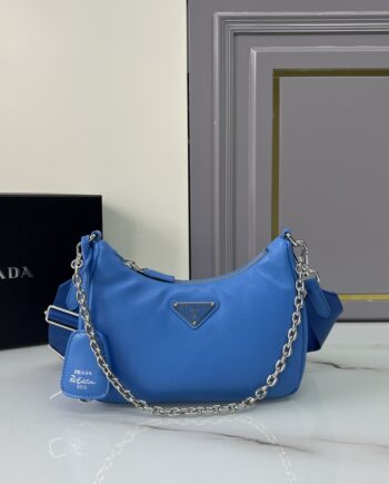 PRADA 1BH204 Blue Sheepskin Hobo Bag