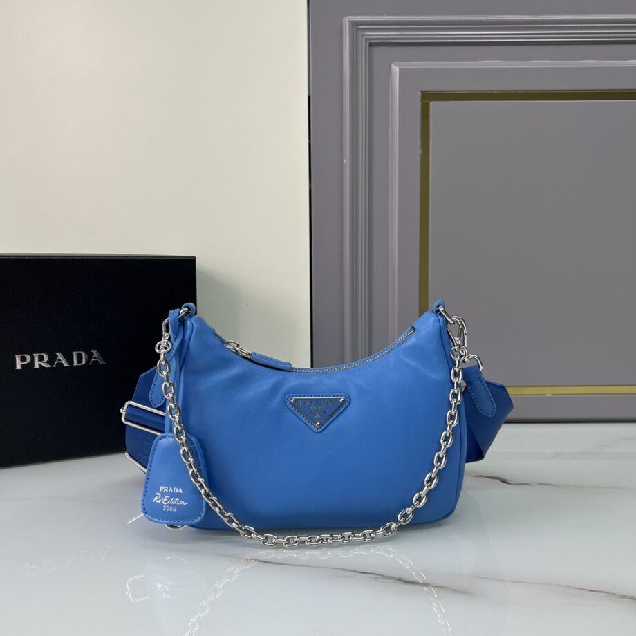 PRADA 1BH204 Blue Sheepskin Hobo Bag