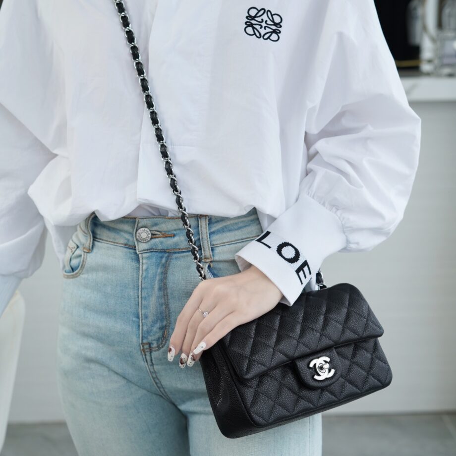 Chanel Black & Silver Hardware French Imported Grained Calf Leather Mini Classic Handbag