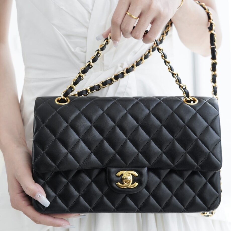 Chanel Black & Gold Hardware Italian Gaiera Lambskin Classic Handbag