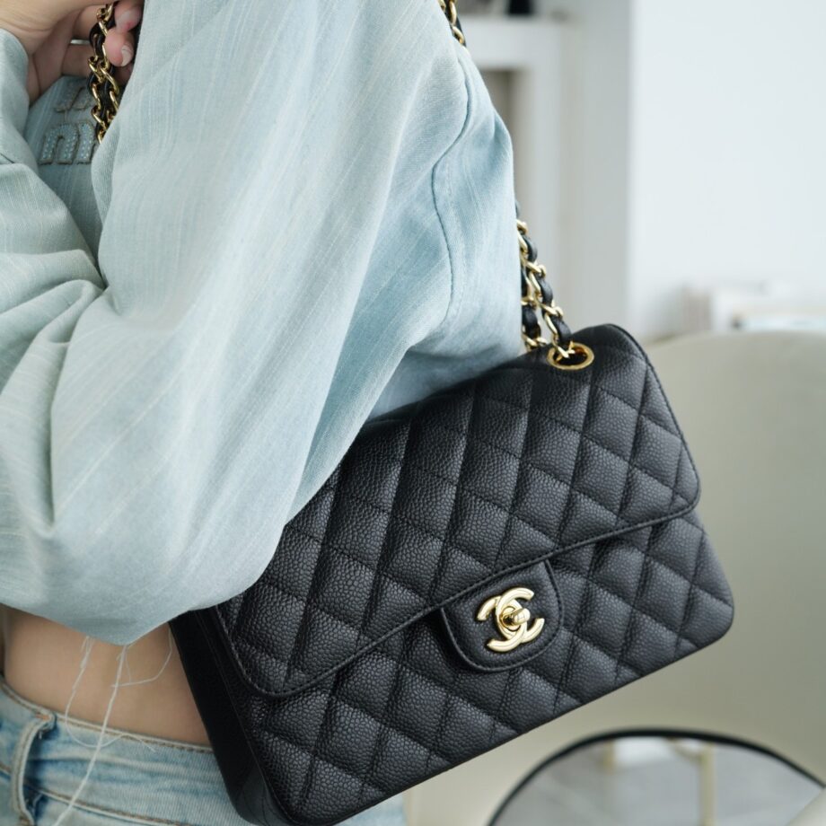 Chanel Black & Gold Metal Grained Calfskin Small Classic Handbag