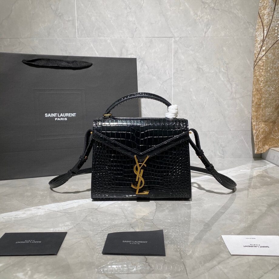 YSL 602716 Black Cassandra Mini Crocodile Pattern Handbag