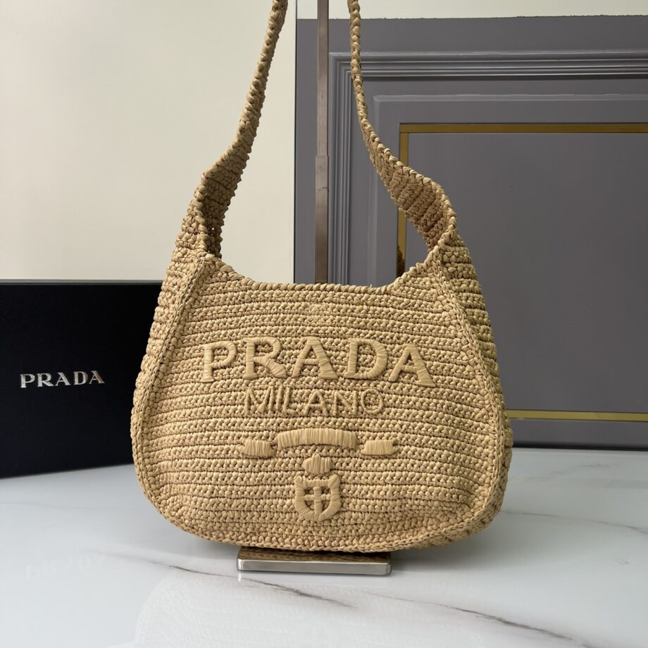 PRADA 1BG186 Raffia Hand-Woven Shoulder Bag