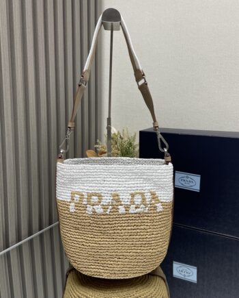 PRADA 1BE063 Raffia Bucket Bag