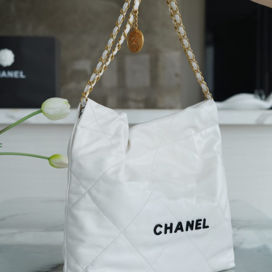 Chanel AS3260 Small White Shiny Calfskin & Gold-Tone Metal Chanel 22 Small Handbag