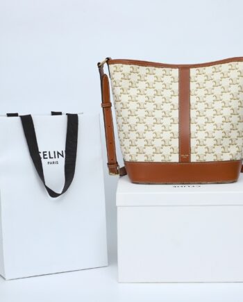 celine 191132 white medium bucket in triomphe canvas and calfskin