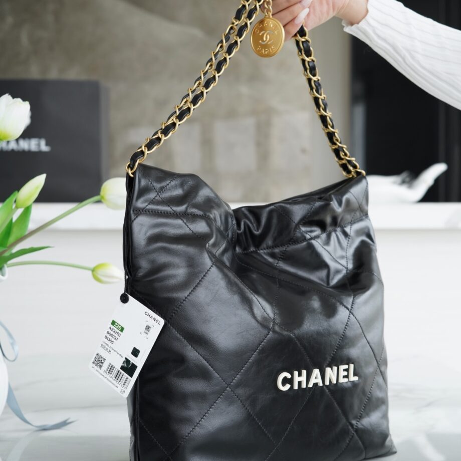 Chanel AS3260 Small Black Shiny Calfskin & Gold-Tone Metal Chanel 22 Small Handbag