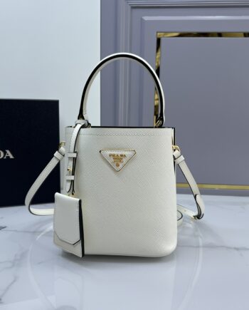 PRADA 1BA217 White Small Saffiano Leather Prada Panier Bag