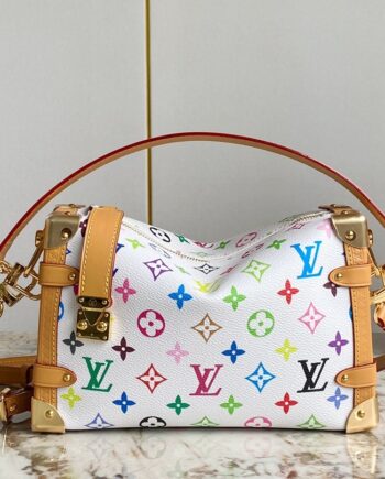 louis vuitton white with printed pattern nicolas ghesqui ère classic petite malle side trunk small handbag