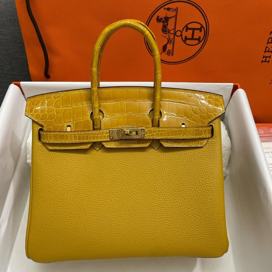 HermèS Birkin25 Yellow Touch Togo Cowhide & Nile Crocodile Leather Hand-Stitched Birkin25