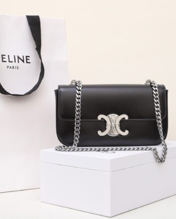 Celine 197993 Black&Silverchain Shoulder Bag Triomphe In Shiny Calfskin