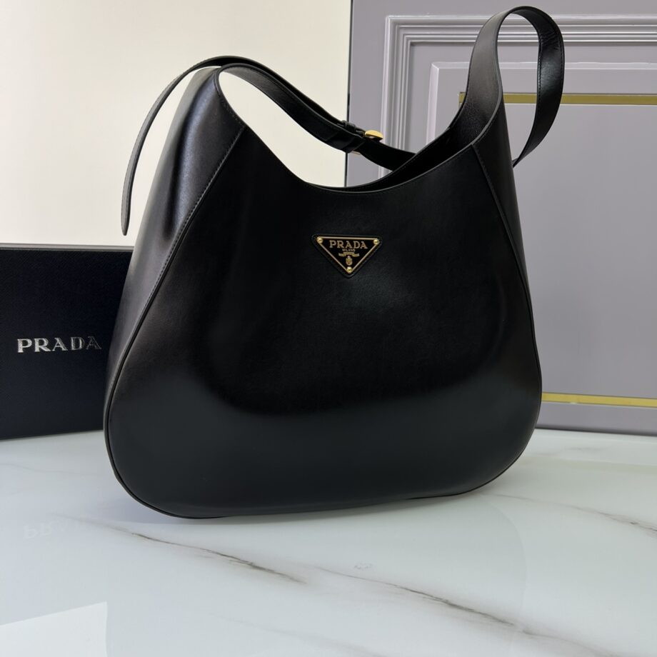 PRADA 1BC181 Black Large Leather Shoulder Bag With Topstitching