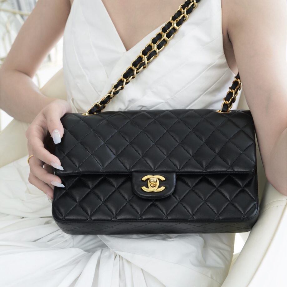 Chanel Black & Gold Hardware Italian Gaiera Lambskin Classic Handbag