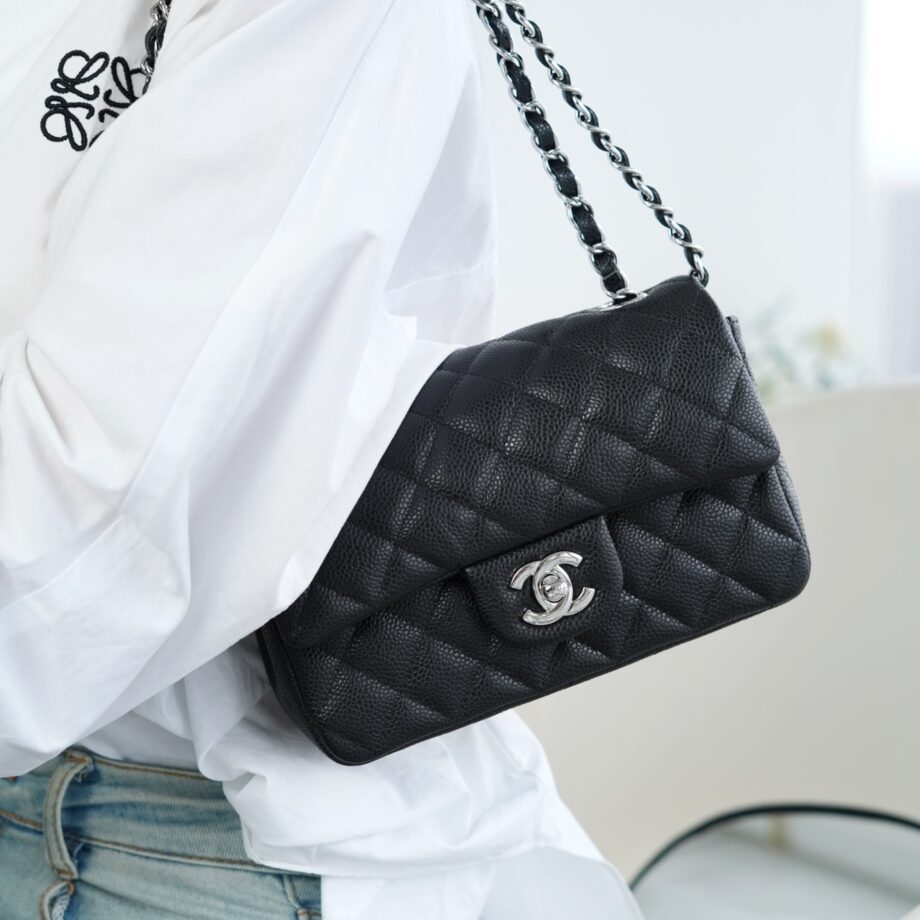 Chanel Black & Silver Hardware French Imported Grained Calf Leather Mini Classic Handbag