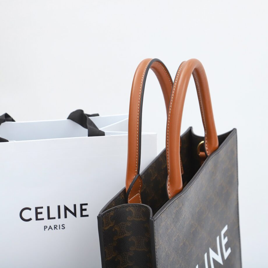 celine 191542 brown handle cabas vertical in triomphe canvas and calfskin