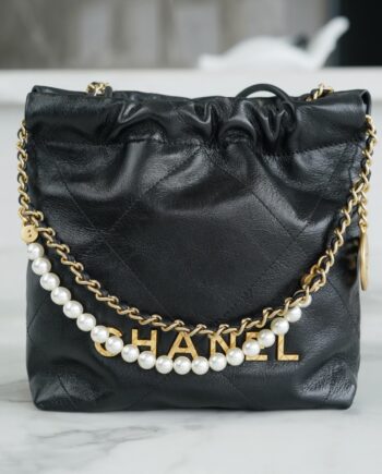 Chanel 23S Black Mini French Haas Calf Leather Pearl Chain Clause Chanel 22 Mini Handbag