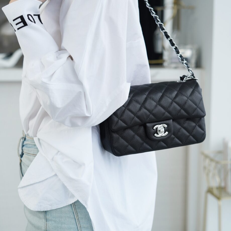 Chanel Black & Silver Hardware French Imported Grained Calf Leather Mini Classic Handbag