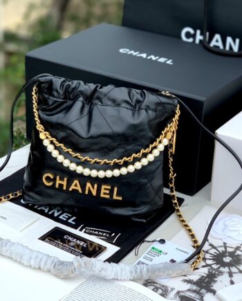 Chanel AS3980 Mini Black Pearl Shiny Crumpled Calfskin & Gold-Tone Metal Chanel 22 Mini Handbag