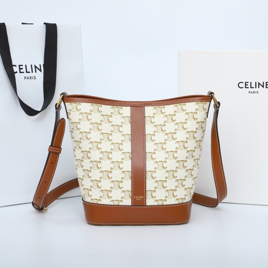 celine 191442 white small bucket in triomphe canvas and calfskin