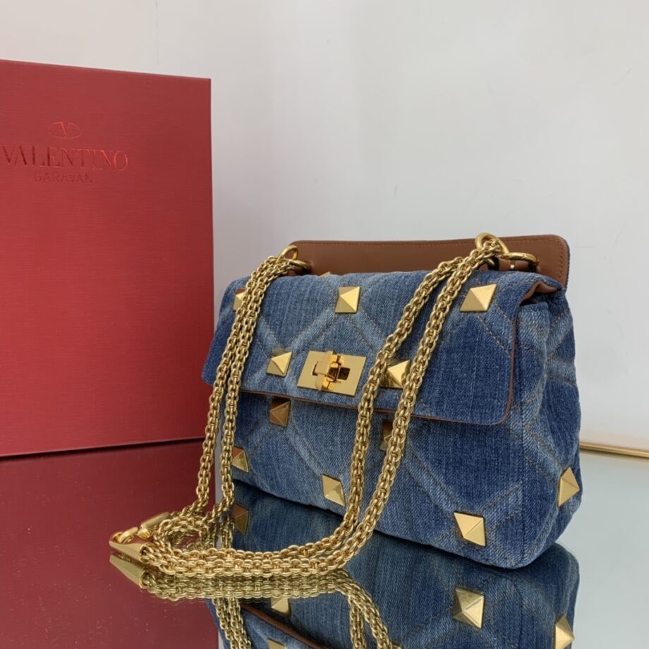 valentino medium valentino garavani roman stud the shoulder bag in denim with chain