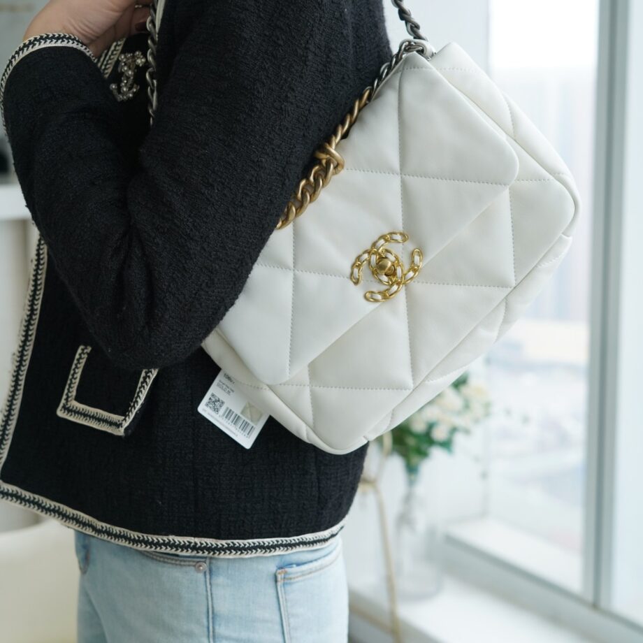 Chanel White Italian Imported Lambskin 19 Handbag