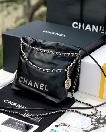 Chanel AS3980 Mini Black Shiny Calfskin & Silver-Tone Metal Chanel 22 Mini Handbag