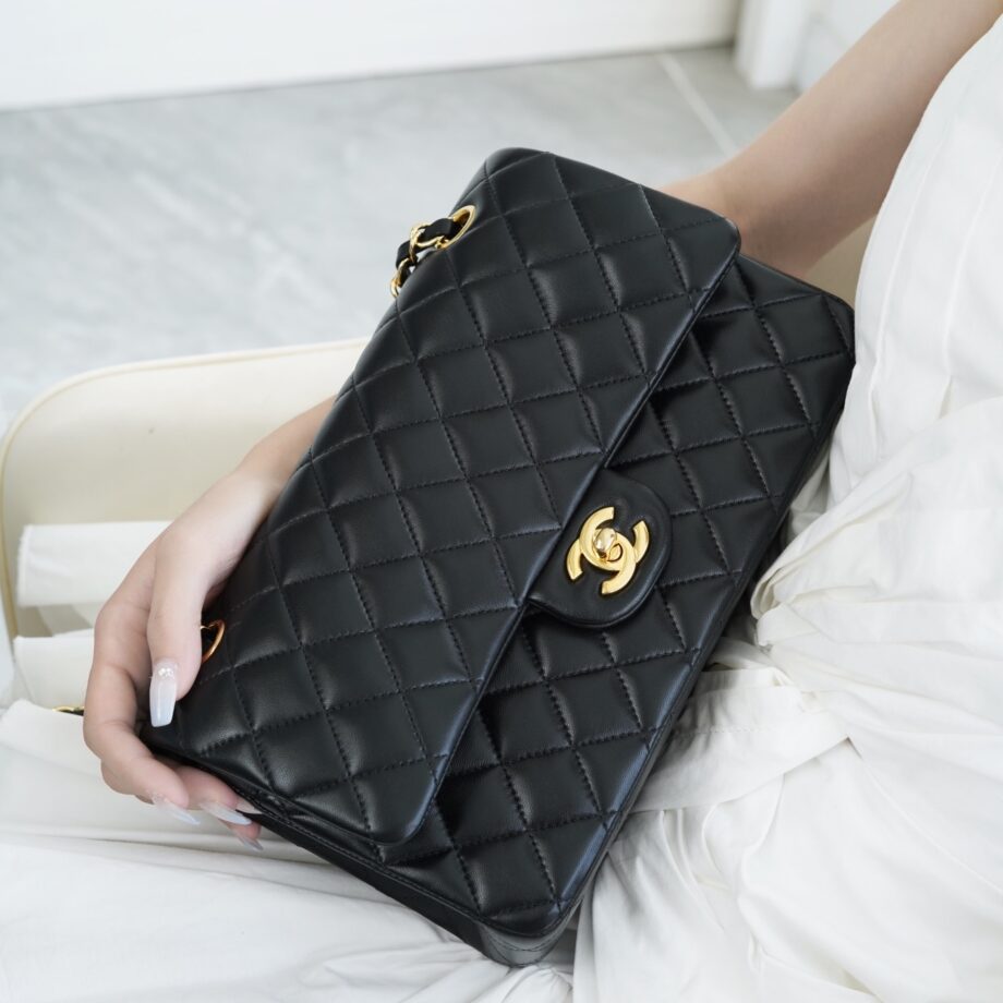 Chanel Black & Gold Hardware Italian Gaiera Lambskin Classic Handbag