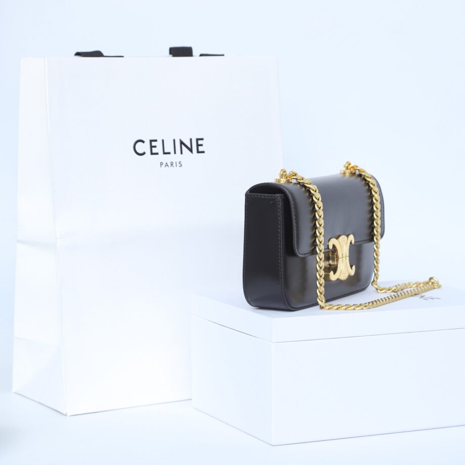 Celine 197993 Black&Gold Chain Shoulder Bag Triomphe In Shiny Calfskin