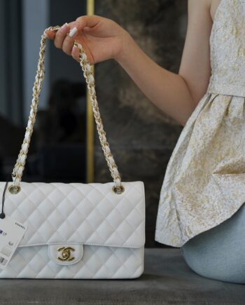 Chanel White & Gold Hardware French Haas Calfskin Classic Handbag