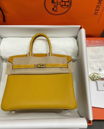 HermèS Birkin25 Yellow Touch Togo Cowhide & Nile Crocodile Leather Hand-Stitched Birkin25