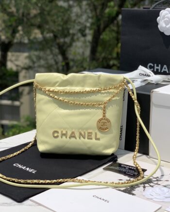 Chanel AS3980 Mini Light Yellow Shiny Calfskin & Gold-Tone Metal Chanel 22 Mini Handbag