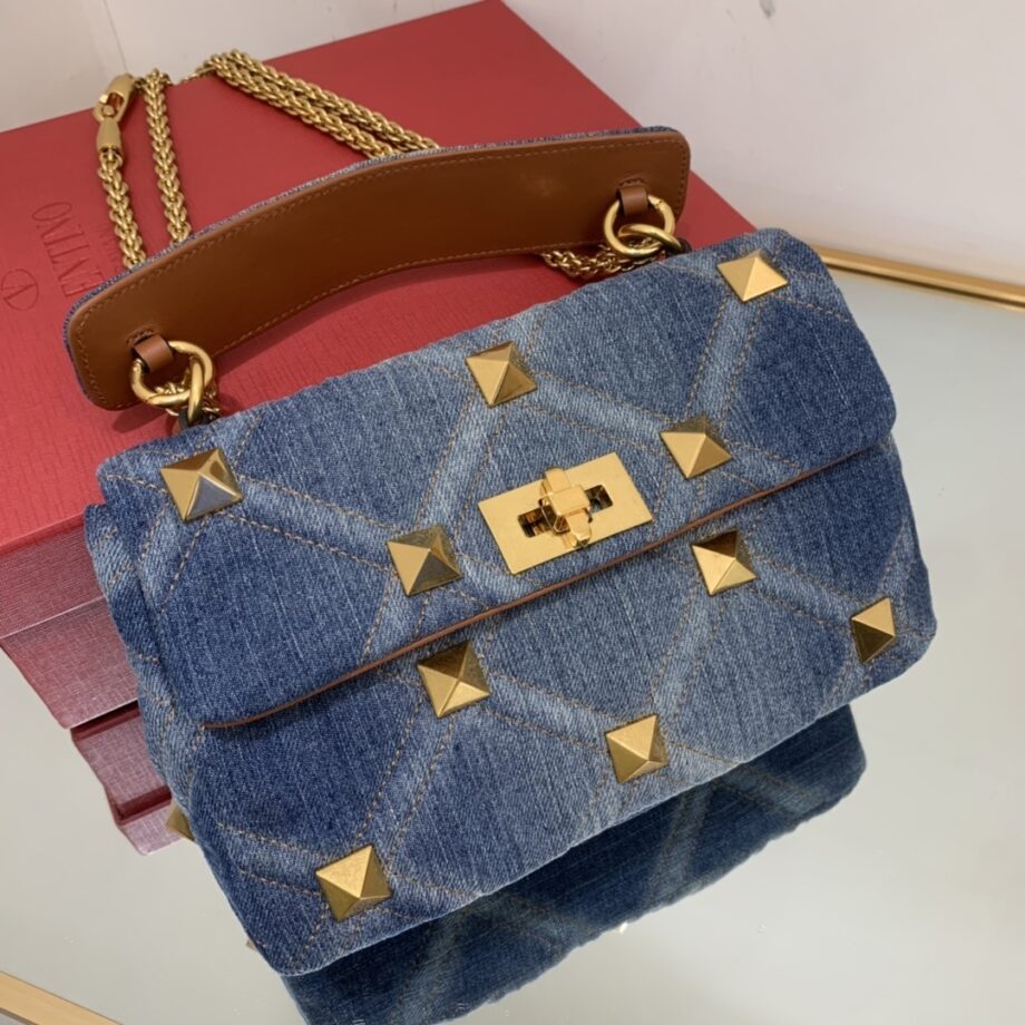 valentino medium valentino garavani roman stud the shoulder bag in denim with chain