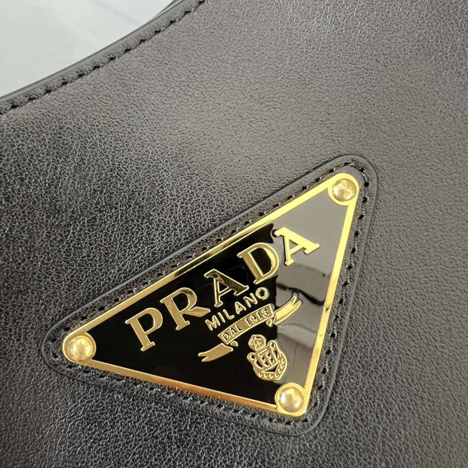 PRADA 1BC181 Black Large Leather Shoulder Bag With Topstitching