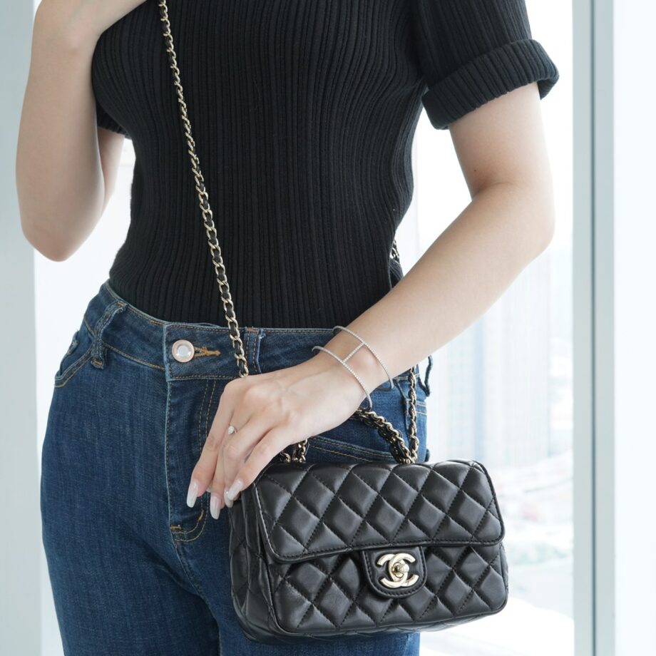 Chanel 23A Black Mini Italy Imported Lambskin Crystal Handle Mini Classic Handbag