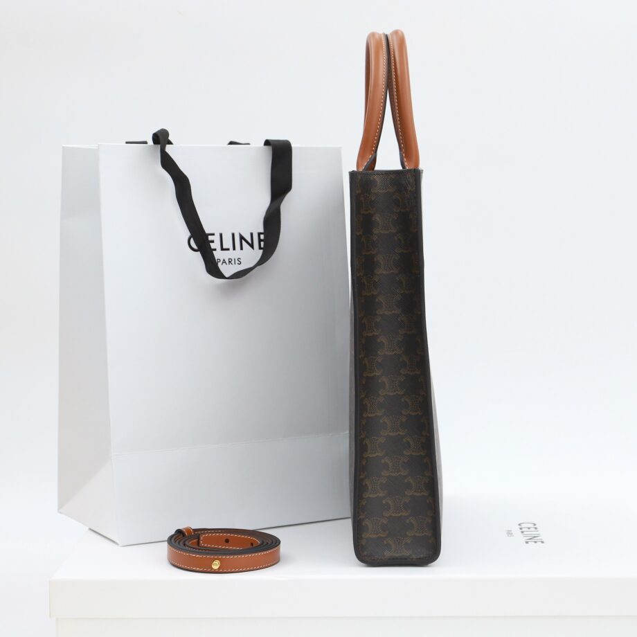 celine 191542 brown handle cabas vertical in triomphe canvas and calfskin