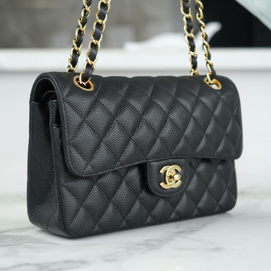 Chanel Black & Gold Metal Grained Calfskin Small Classic Handbag