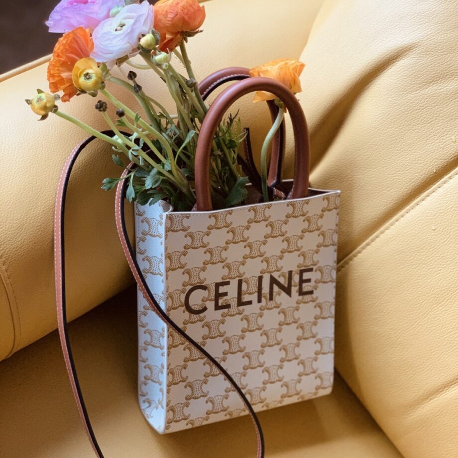 celine 194372 white small cabas vertical in triomphe canvas and calfskin