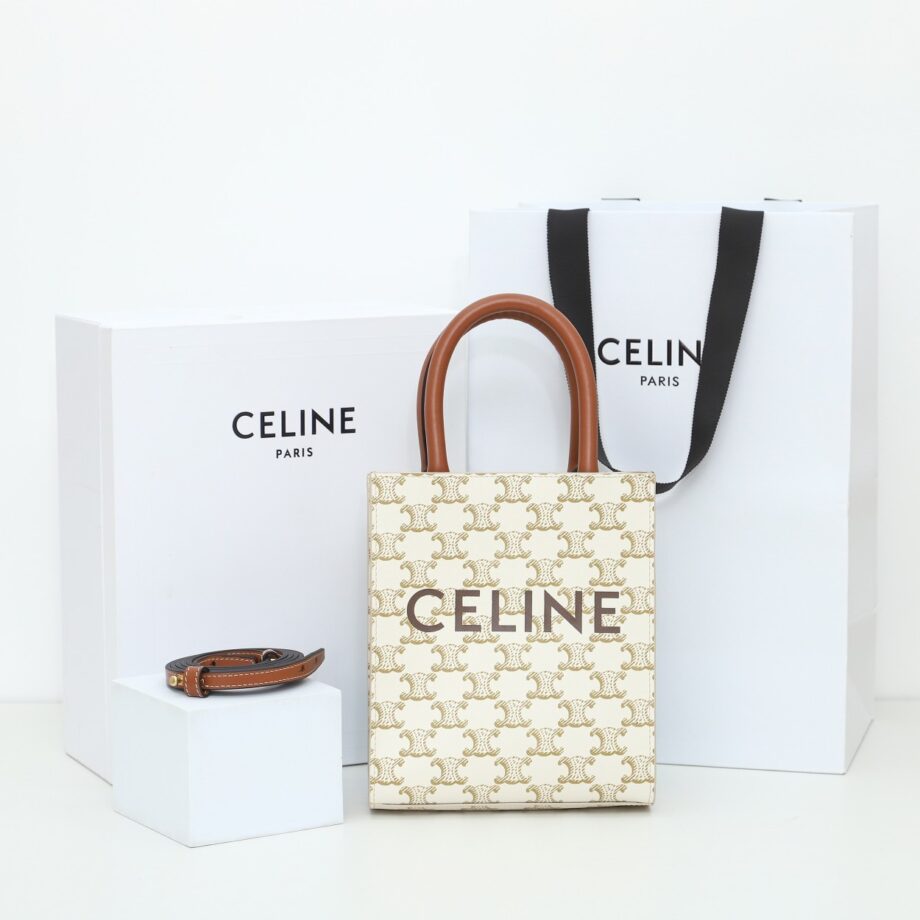 celine 194372 white small cabas vertical in triomphe canvas and calfskin