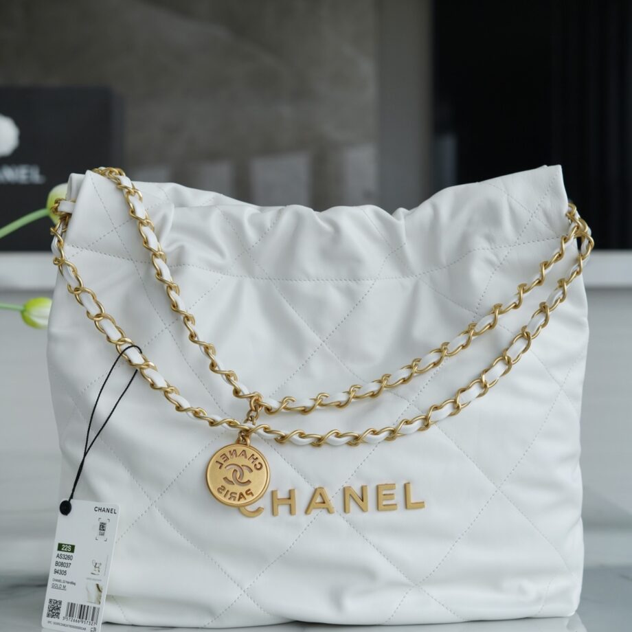 Chanel AS3260 Small White Shiny Calfskin & Gold-Tone Metal Chanel 22 Small Handbag