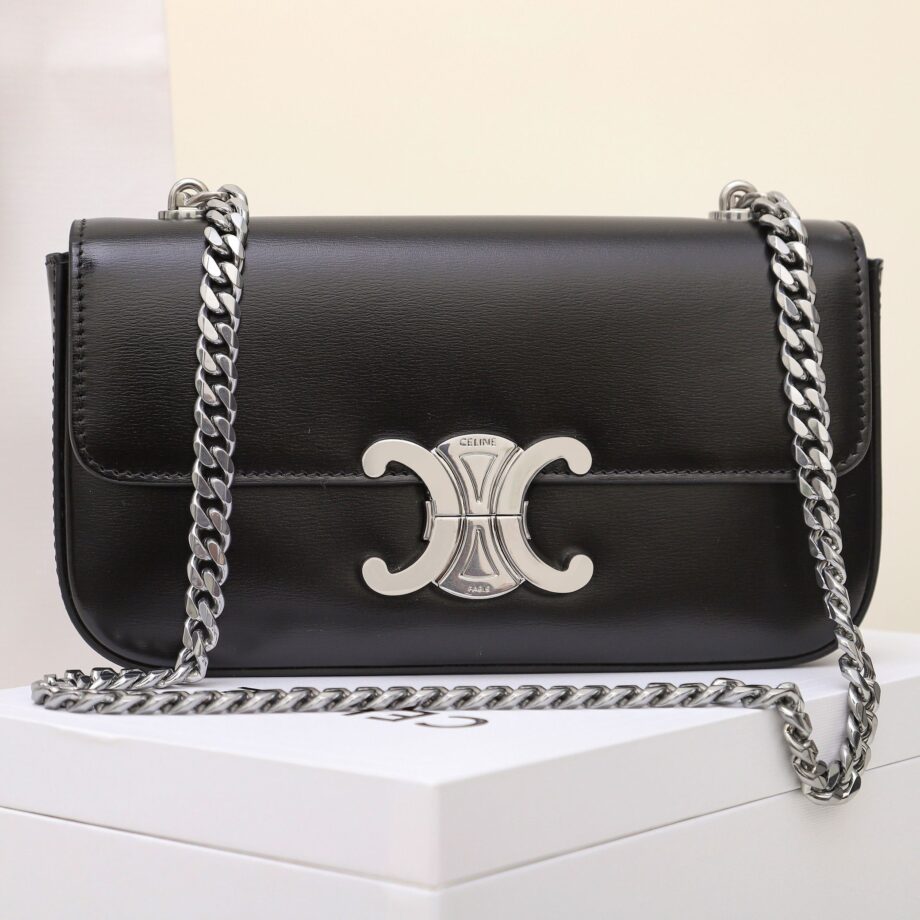 Celine 197993 Black&Silverchain Shoulder Bag Triomphe In Shiny Calfskin