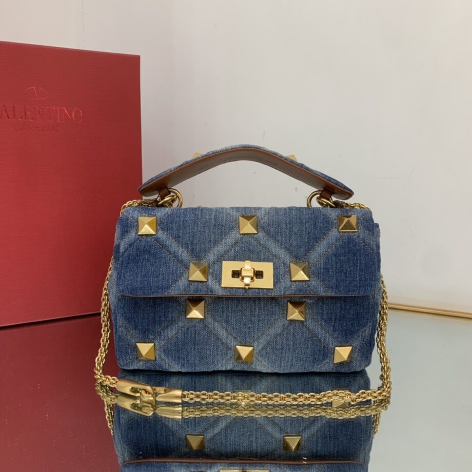 valentino medium valentino garavani roman stud the shoulder bag in denim with chain