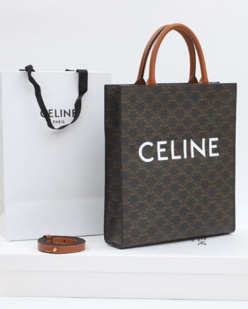 celine 191542 brown handle cabas vertical in triomphe canvas and calfskin