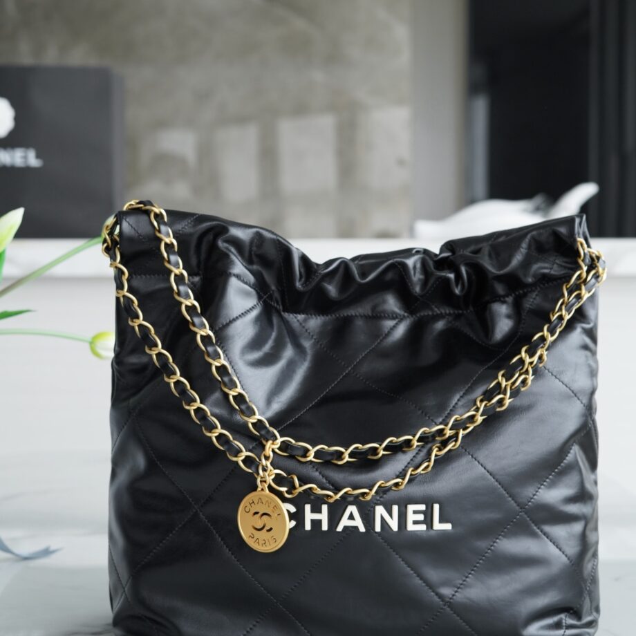 Chanel AS3260 Small Black Shiny Calfskin & Gold-Tone Metal Chanel 22 Small Handbag