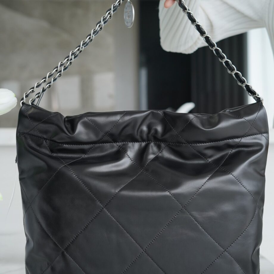 Chanel AS3260 Small Black Shiny Calfskin & Silver-Tone Metal Metal Chanel 22 Small Handbag